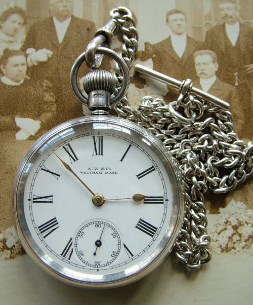 fig 1. Silver Waltham Bond St pocket watch and chain