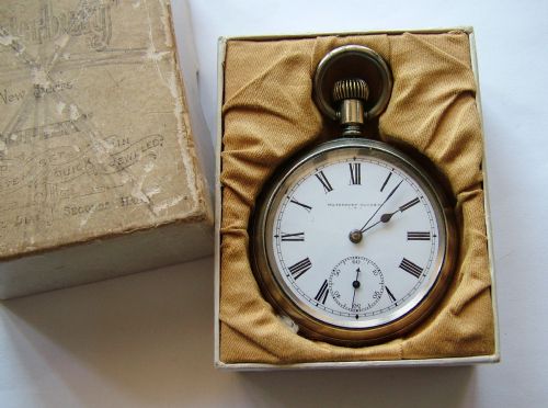fig 1. Waterbury Watch Co pocket watch with original box