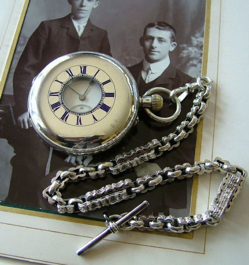 Antique Silver Half Hunter Pocket Watch and Chain