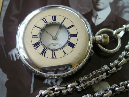 fig 1. Antique silver half hunter pocket watch and chain