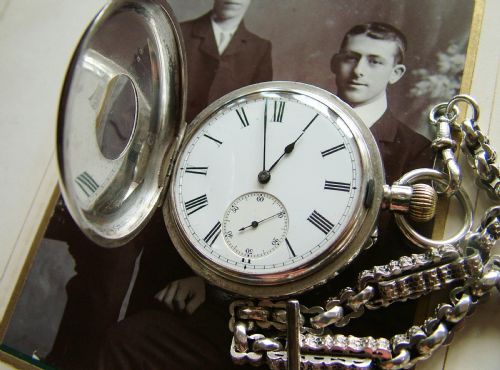 fig 2. Antique silver half hunter pocket watch and chain