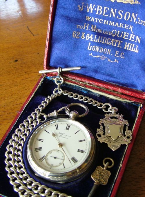 J W Benson Silver Pocket Watch, Chain and Box
