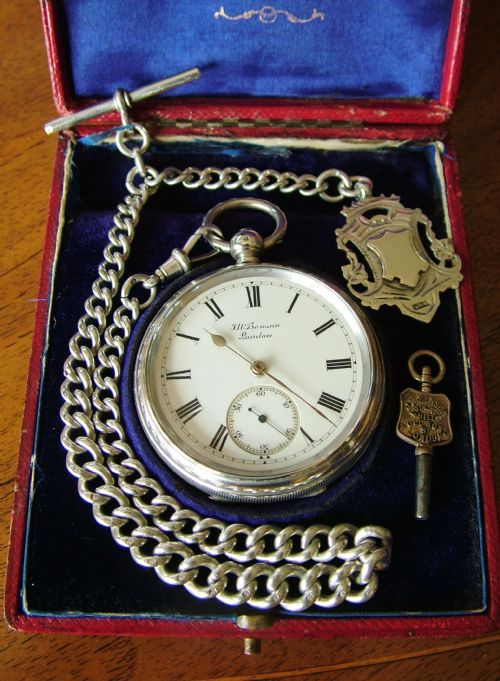 fig 1. J W Benson silver pocket watch, chain and box