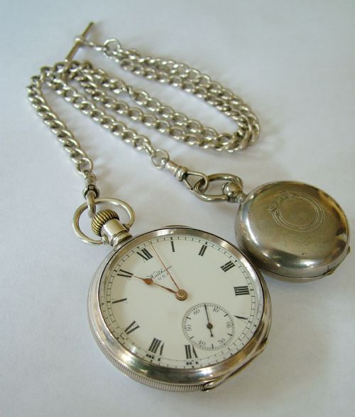 fig 1. Antique silver Waltham pocket watch and albert