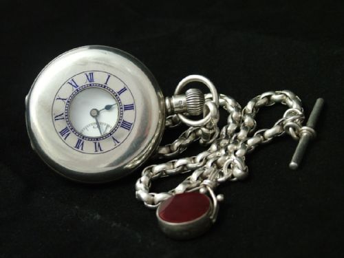 Silver Half Hunter Pocket Watch, Chain and Swivel