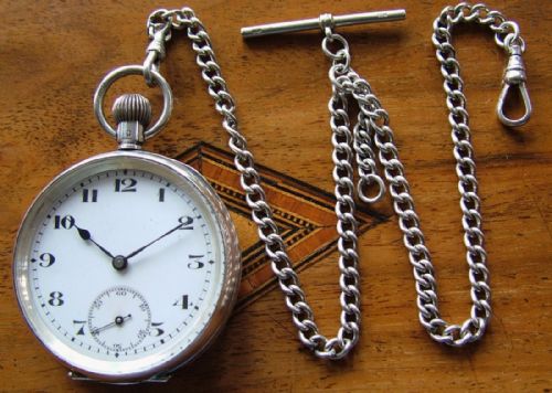 An Antique Swiss Silver Pocket Watch and Chain