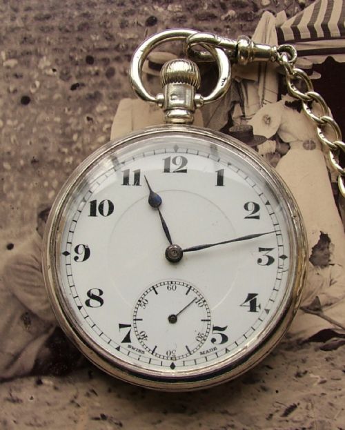 A Vintage 1920s Silver Record Pocket Watch & Chain.