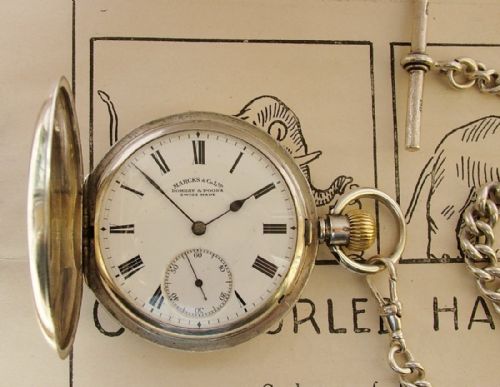 1908 Silver Longines Campaign Hunter Pocket Watch & Chain.