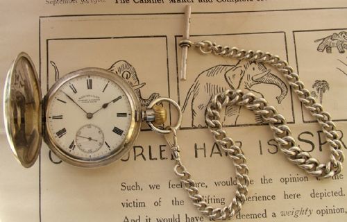 fig 1. 1908 silver Longines campaign hunter pocket watch & chain.