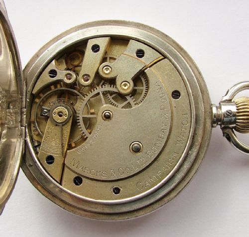 fig 2. 1908 silver Longines campaign hunter pocket watch & chain.