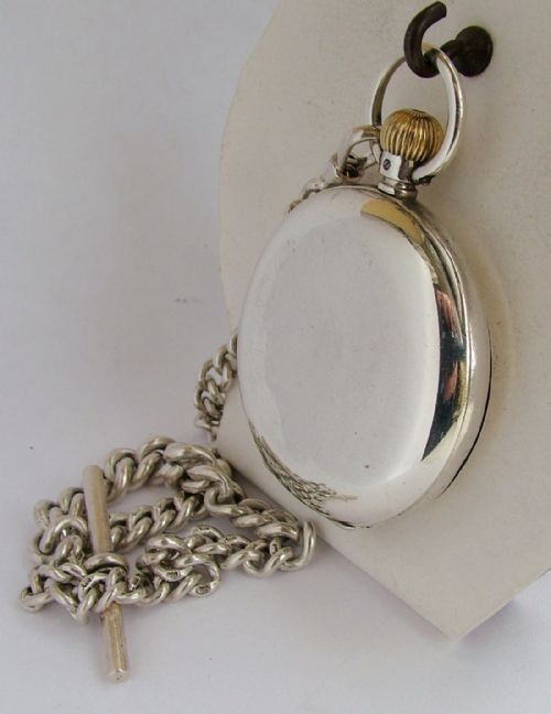 fig 3. 1908 silver Longines campaign hunter pocket watch & chain.