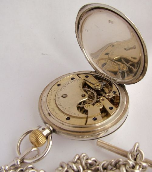fig 4. 1908 silver Longines campaign hunter pocket watch & chain.