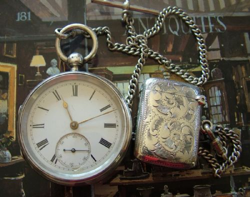 Antique Silver Pocket Watch, Chain and Vesta Case