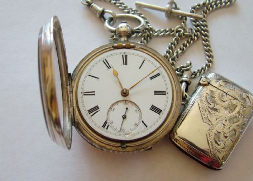 fig 2. Antique silver pocket watch, chain and vesta case