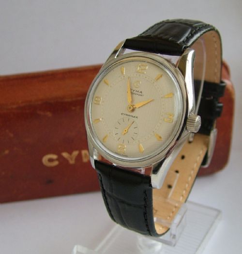fig 1. Gents 1950s Cyma Watersport wristwatch with box