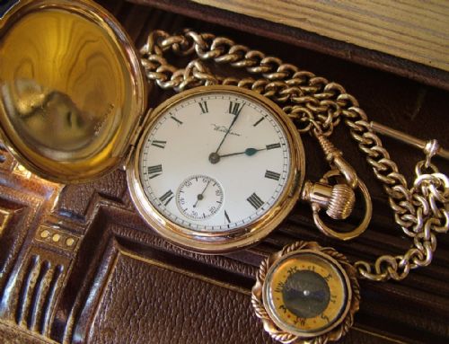 Waltham Hunter Pocket Watch, Chain and Compass Fob