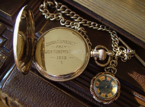 fig 1. Waltham hunter pocket watch, chain and compass fob