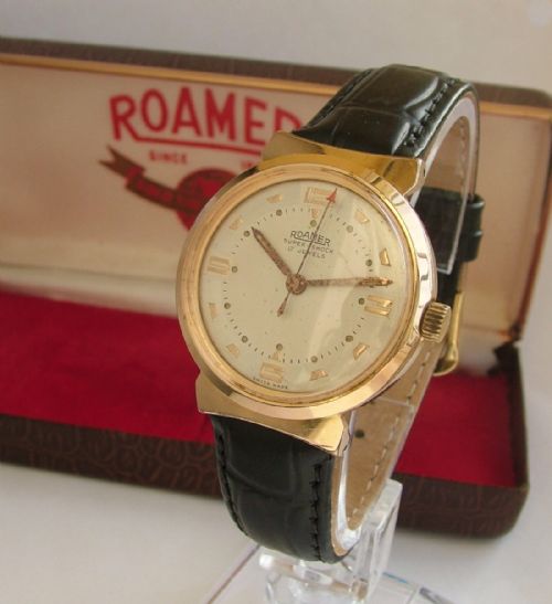 fig 1. A gents 1950s boxed Roamer Super-Shock wrist watch