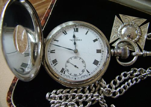 fig 2. Antique silver Tavannes half hunter watch & chain