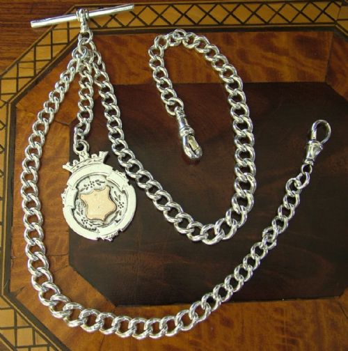 An Antique Silver Double Pocket Watch Chain & Fob