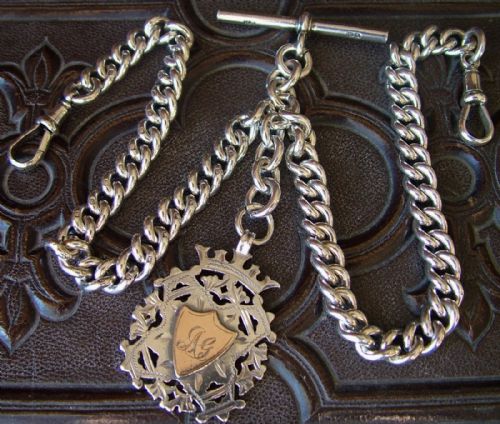 Antique Silver Double Pocket Watch Chain with Fob