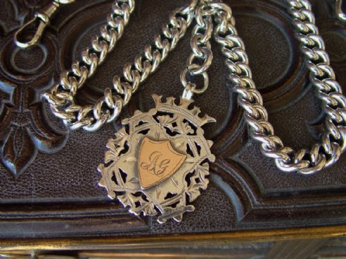 fig 1. Antique silver double pocket watch chain with fob