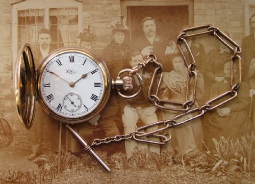 fig 1. 1919 Waltham Traveler full hunter pocket watch & chain