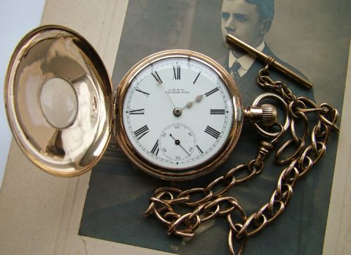 fig 1. Antique Waltham half hunter pocket watch and chain