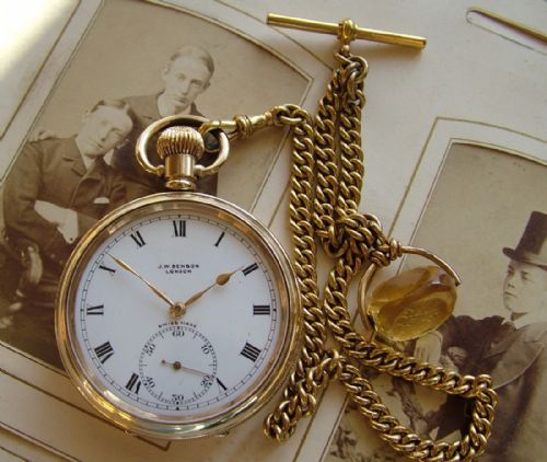 Antique J W Benson Pocket Watch with Chain and Fob