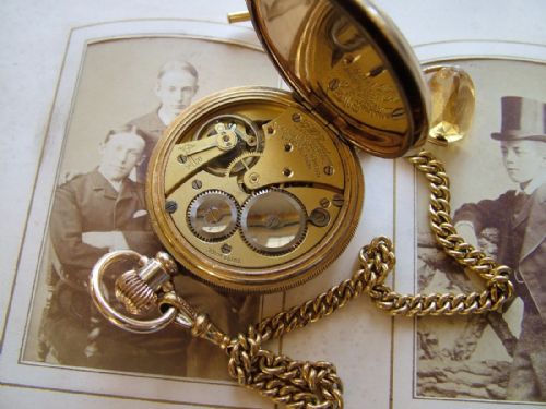 fig 2. Antique J W Benson pocket watch with chain and fob