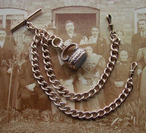 Edwardian Rose Gold Plated Double Pocket Watch Chain & Fob