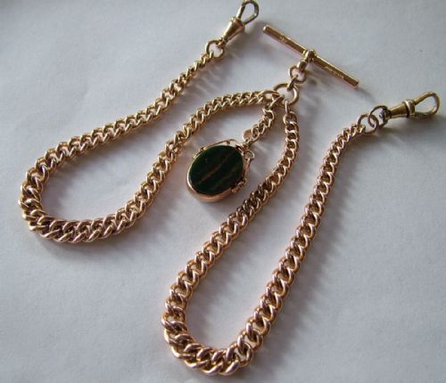 Rose Gold Plated Double Watch Chain & 9ct Gold Fob