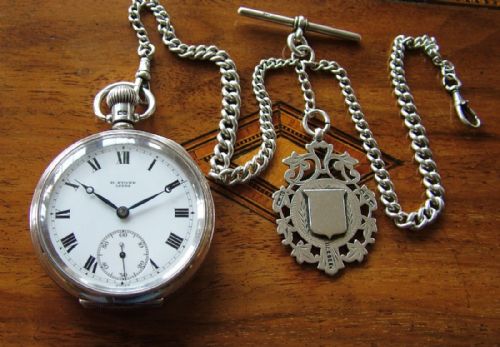 Silver Pocket Watch and Chain, Harris Stone, Leeds