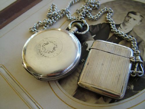 fig 1. 1920s silver Elgin pocket watch, chain and vesta