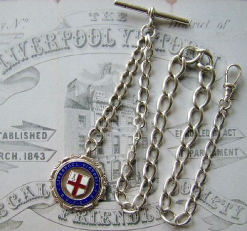 1930s Silver Single Watch Chain, Liverpool Vic Fob