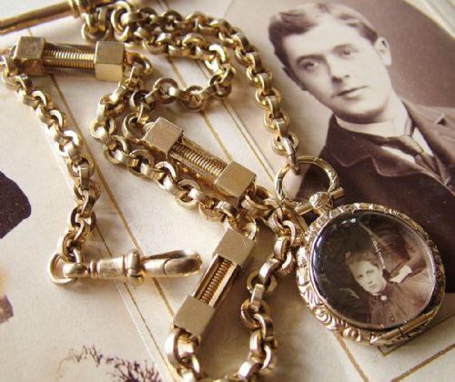 Edwardian Gold Plated Watch Chain with Photo Fob