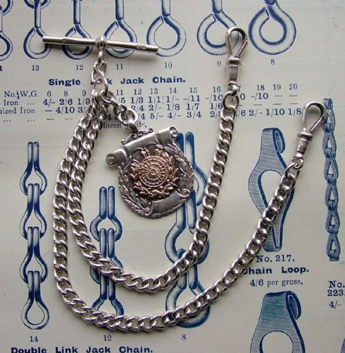1920s Silver Double Pocket Watch Chain and Darts Fob
