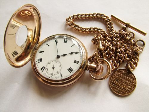 fig 1. Antique half hunter pocket watch, albert and box