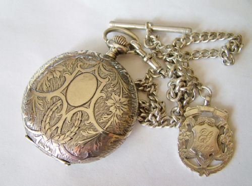 Silver Invar Full Hunter Pocket Watch with Chain