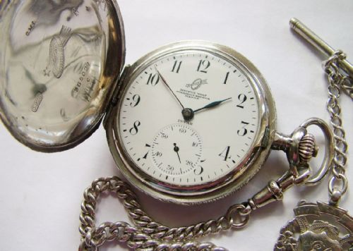 fig 1. Silver Invar full hunter pocket watch with chain