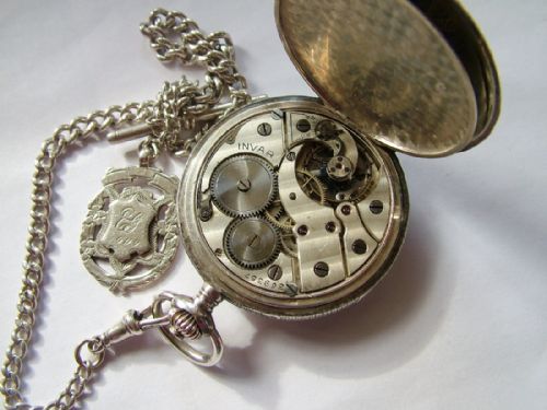 fig 3. Silver Invar full hunter pocket watch with chain