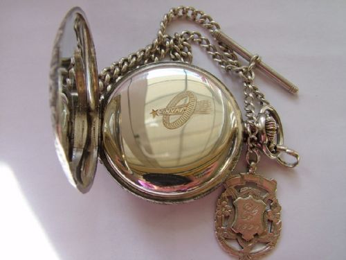 fig 4. Silver Invar full hunter pocket watch with chain