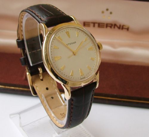 fig 1. A gents 9ct gold boxed Eterna wrist watch, 1960