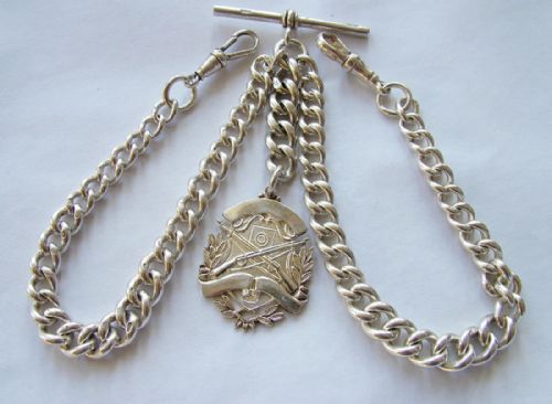 Antique Silver Watch Chain with Rifle Shooting Fob