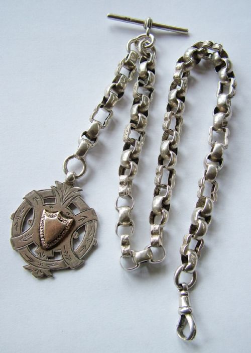 Antique Chunky Silver Watch Chain with Silver Fob