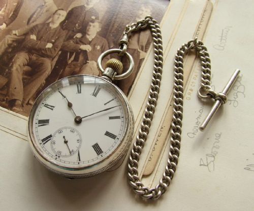 Antique Silver Open Faced Pocket Watch and Chain