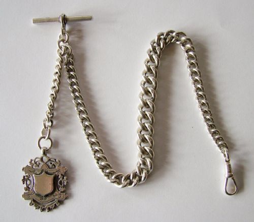 Heavy Antique Silver Graduated Pocket Watch Chain & Fob.