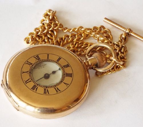 fig 1. Antique Waltham Traveler half hunter watch & chain