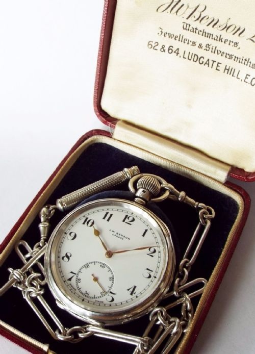 1930s Silver Benson Pocket Watch & Accoutrements