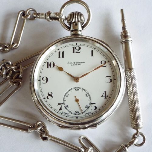 fig 1. 1930s silver Benson pocket watch & accoutrements